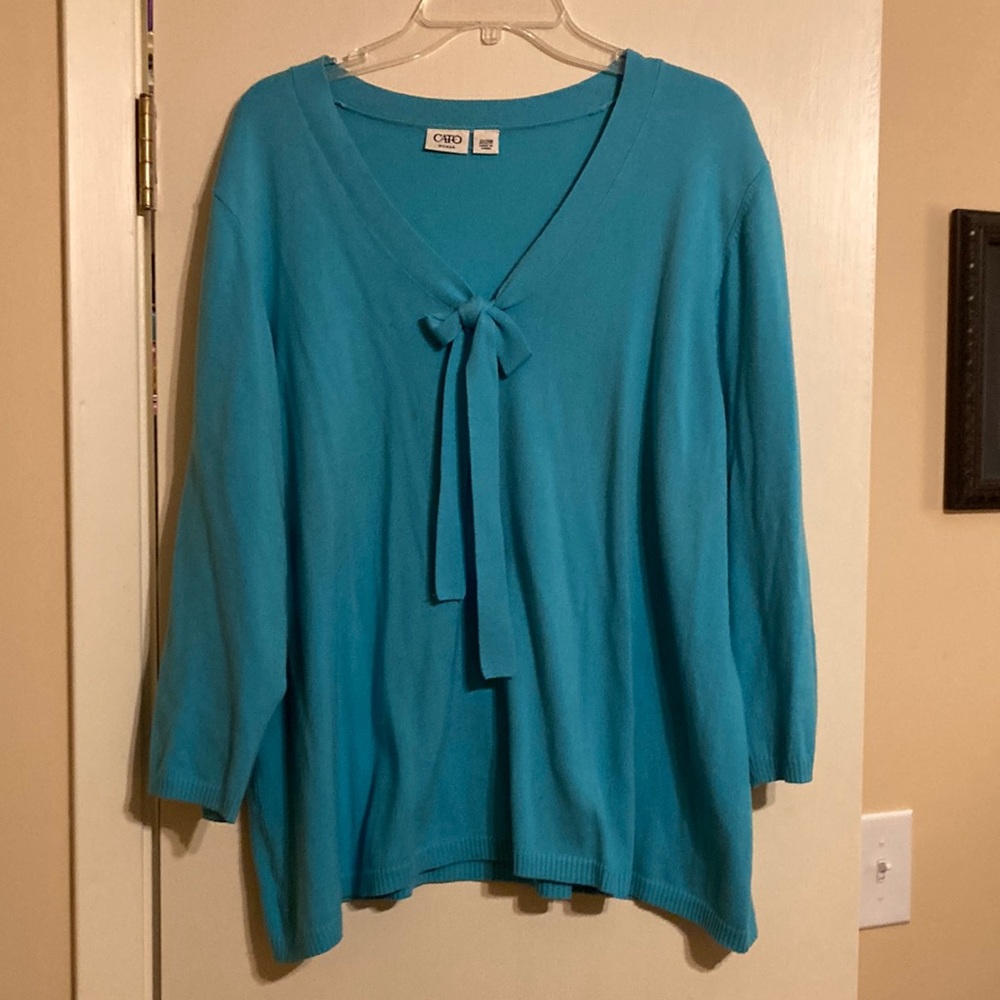 Cato teal light weight knit shirt with bow vneck